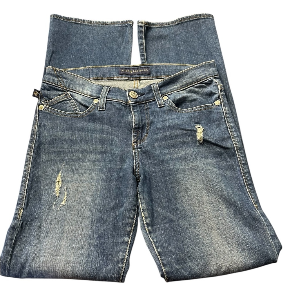 SOLD Rock & Republic Woman’s Blue Distressed Stretch Kasandra Bootcut Jeans - Picture 1 of 14